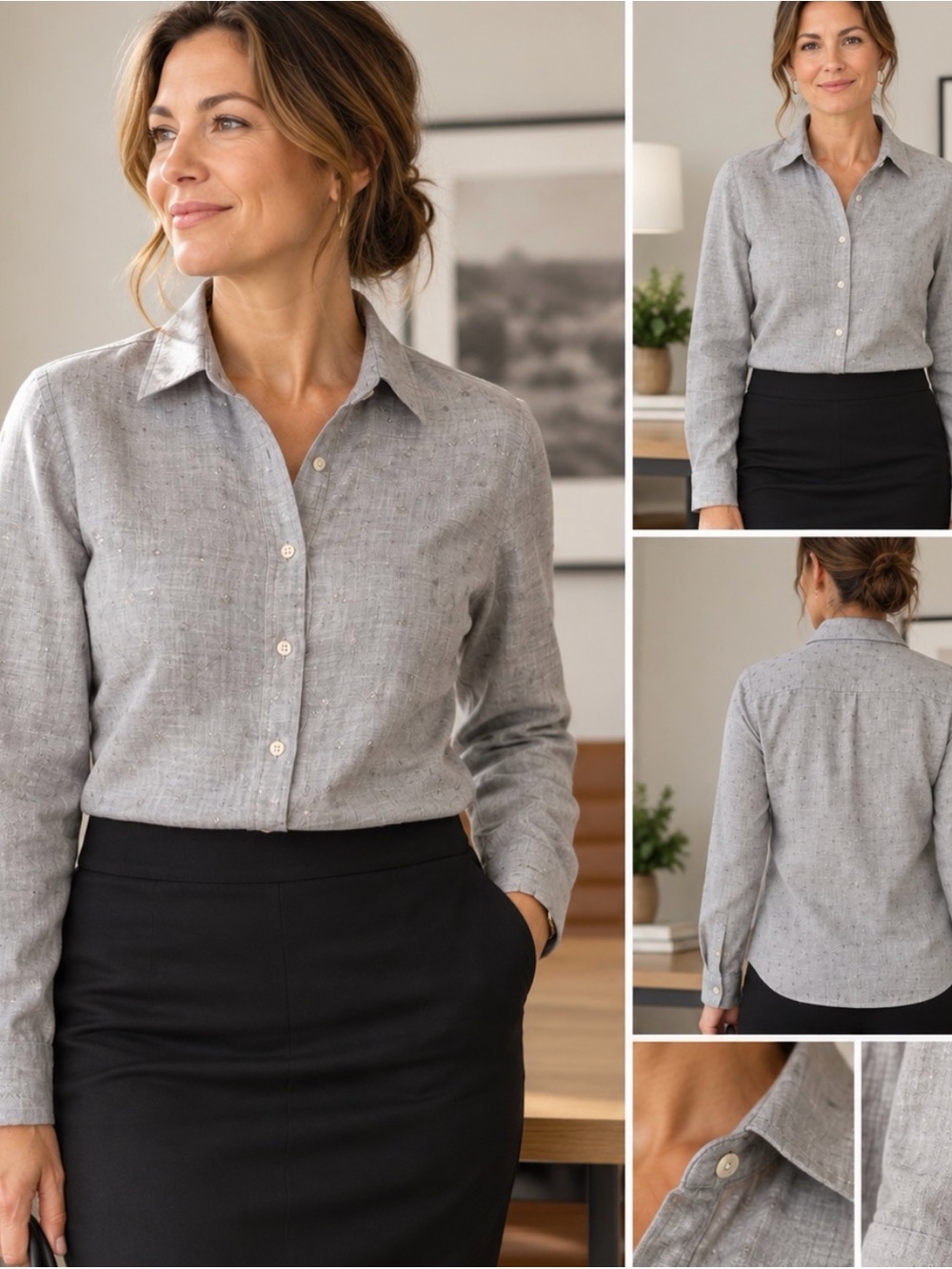 Talbots Blouse Womens Size Medium Gray Brushed Cotton Silver Star Print Novelty